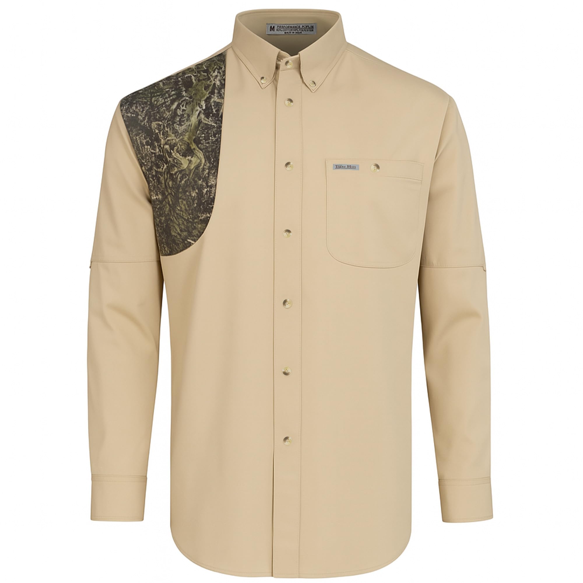 Tiger Hill Hunting Khaki Camo Shirt front view highlighting roomy fit for movement