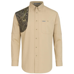 Tiger Hill Hunting Khaki Camo Shirt front view highlighting roomy fit for movement
