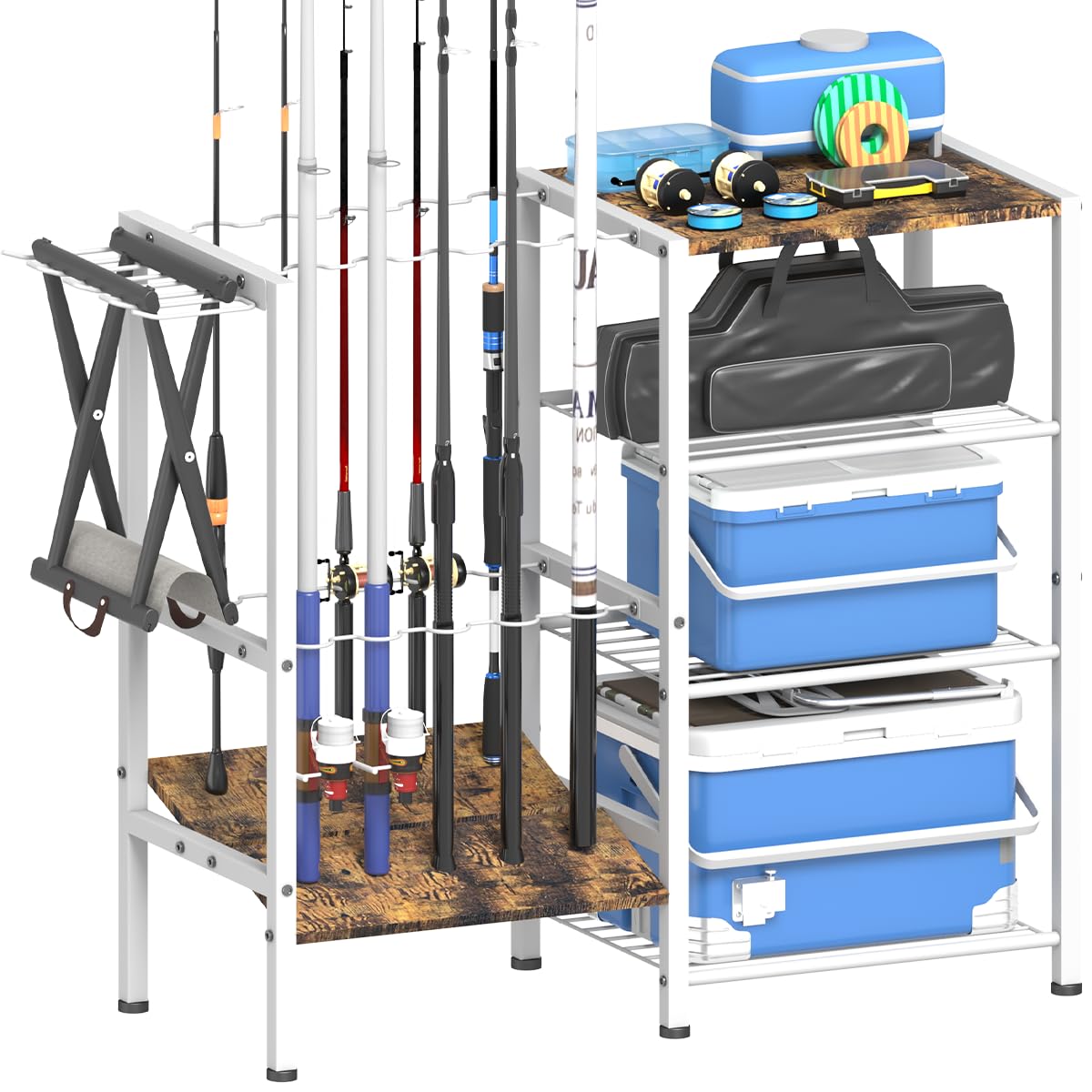 Tigerden 4-tier fishing rod holder mounted in a garage corner