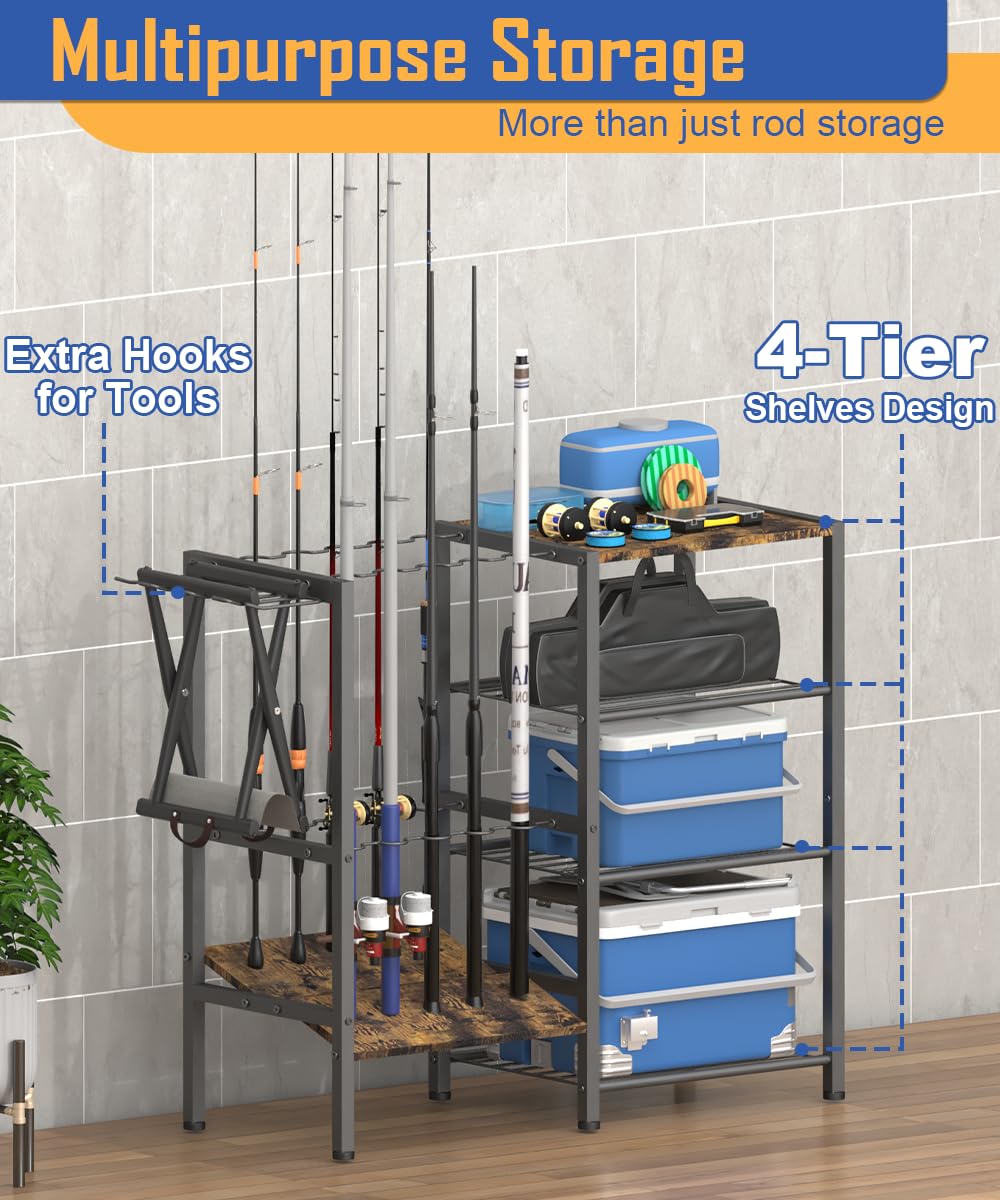 Tigerden four tier gear rack with spacious shelves for tackle and reels