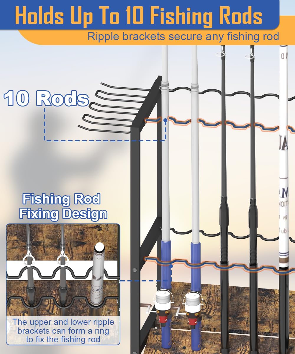 Multi-use fishing rod rack with top hooks
