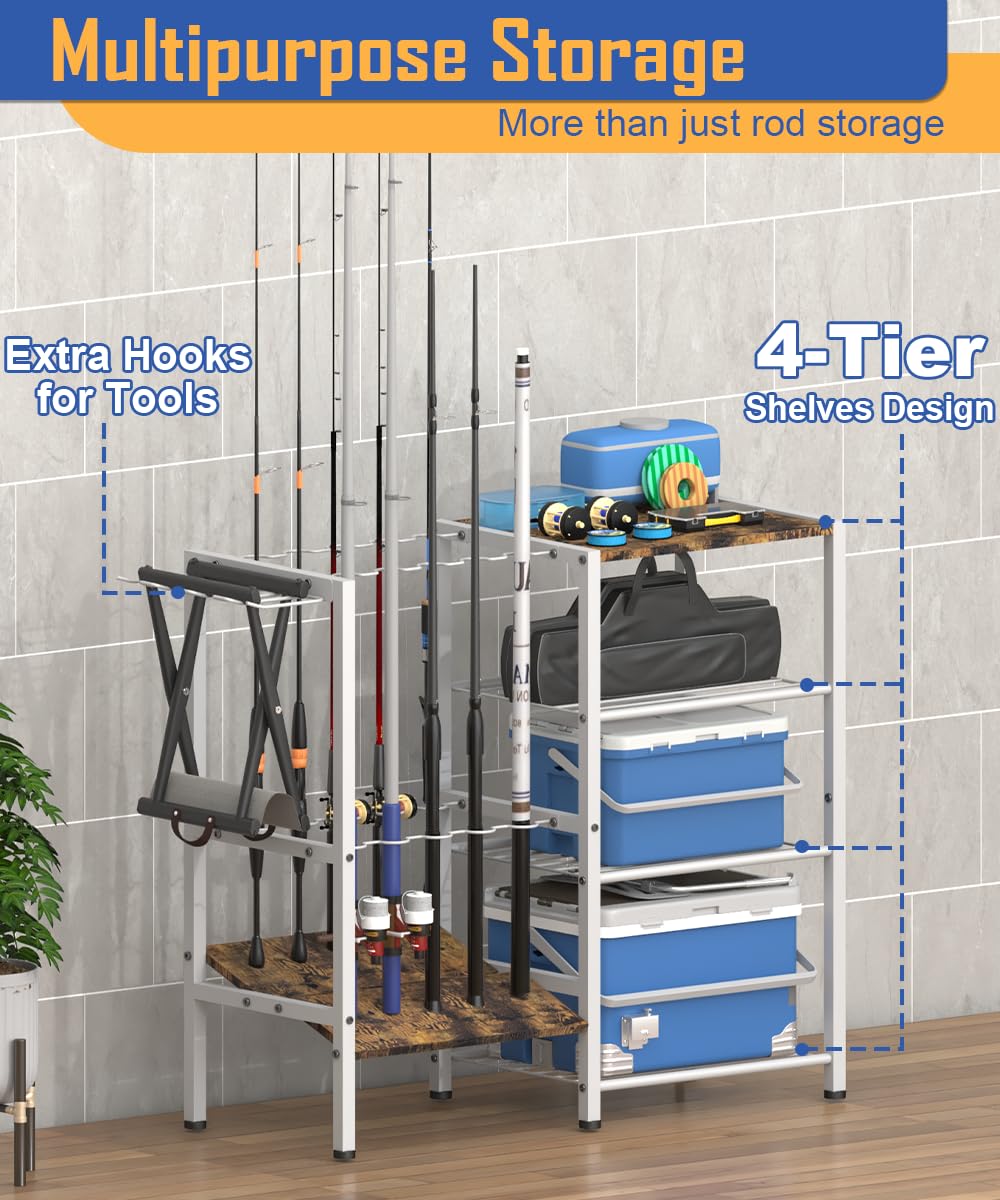 Three spacious shelves for tackle boxes, reels, and gear