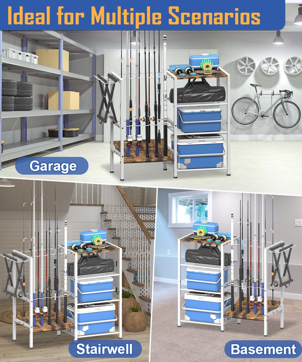 Rust-proof metal frame with angled wooden shelves