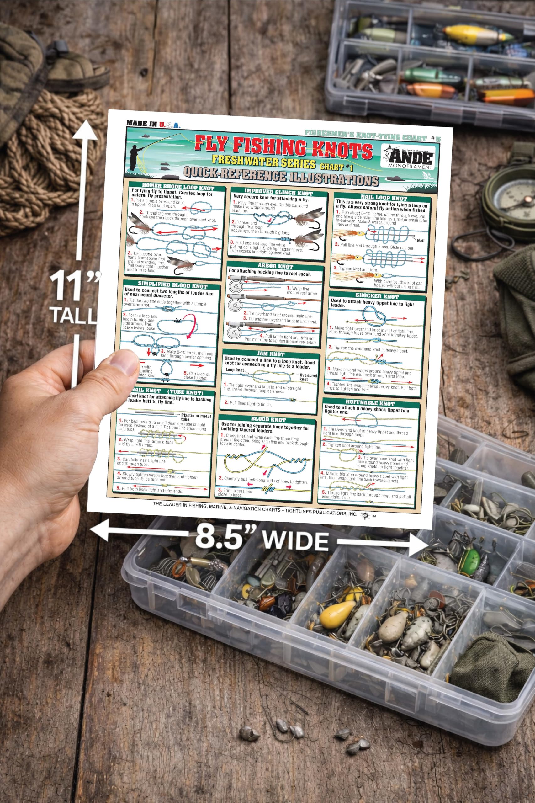 Tightlines double-sided instruction diagrams provide clear, step-by-step knot routines.