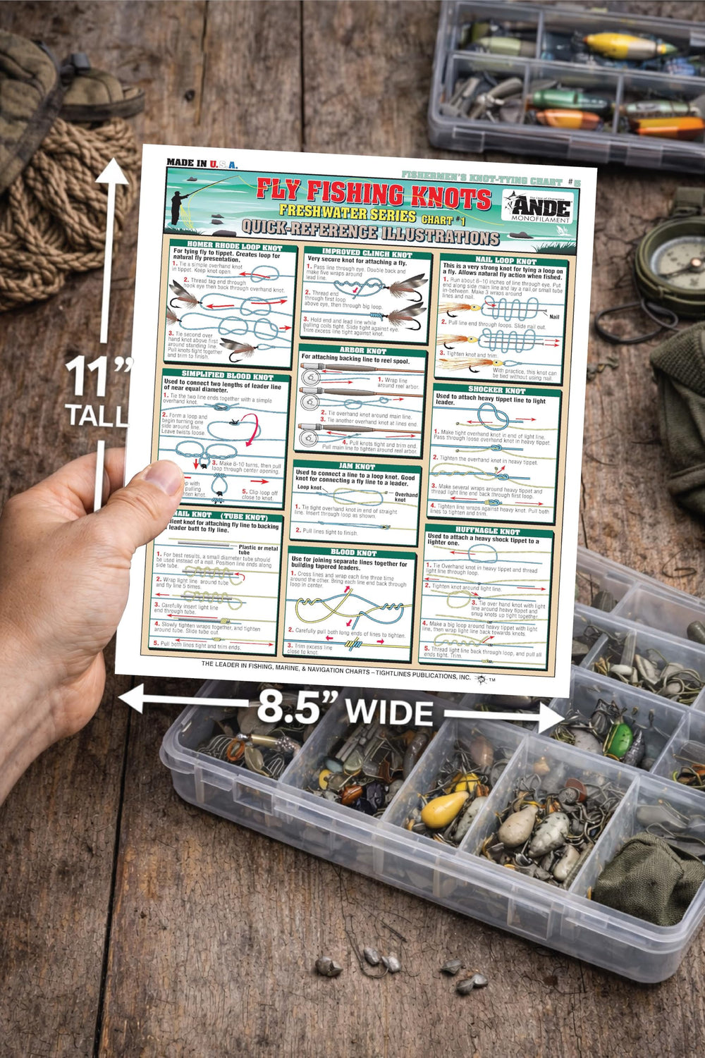 Tightlines double-sided instruction diagrams provide clear, step-by-step knot routines.