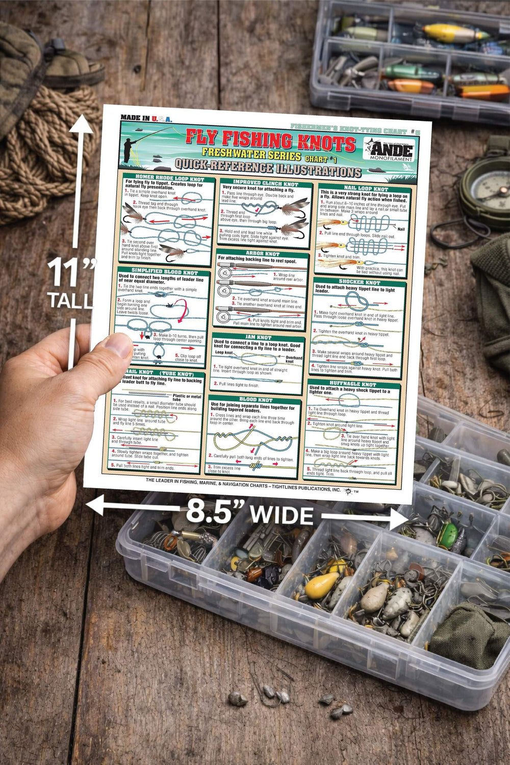 Tightlines Fly Knots 3mm laminated page is waterproof and durable for rugged trips
