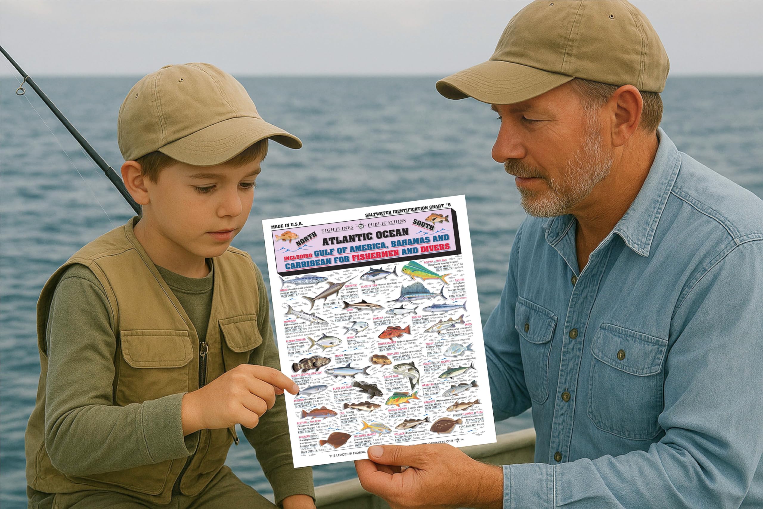 Tightlines Publications Saltwater Chart 5 waterproof materials ensure long-lasting use in rough conditions.