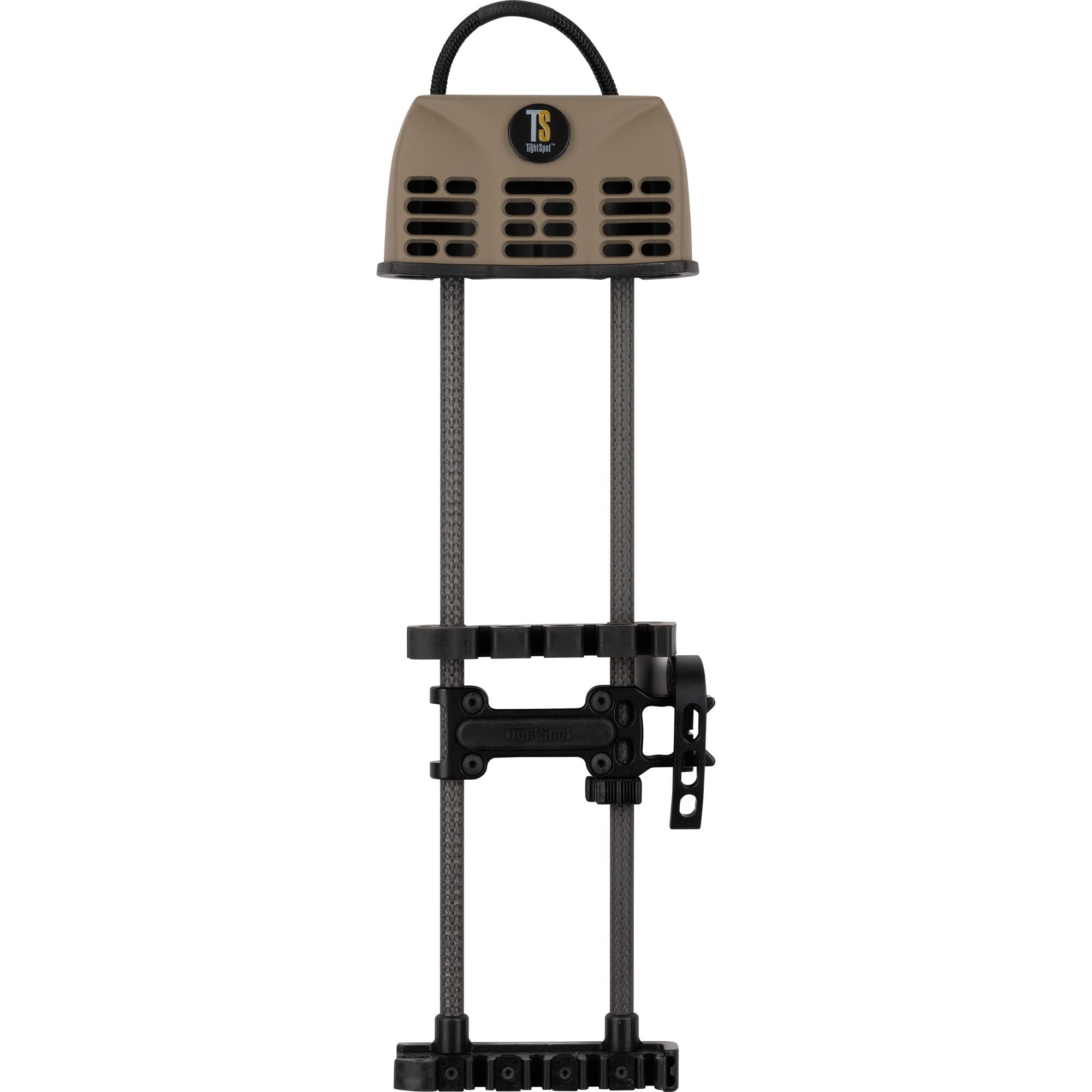 TightSpot Rise quiver in saddle tan showing bow-mounted balance and compact arrow storage