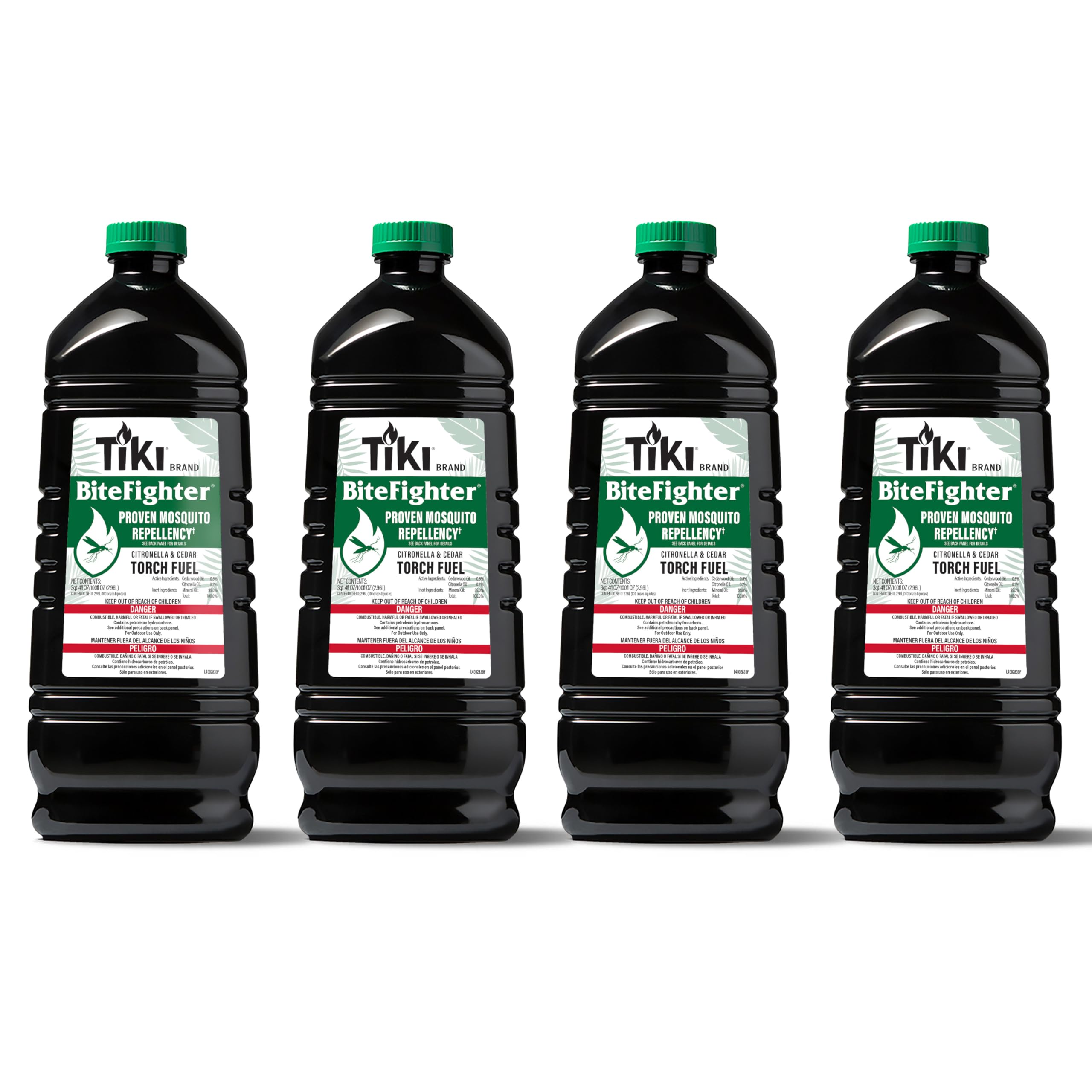 TIKI BiteFighter 100oz bottle front view for spill-free outdoor lighting.