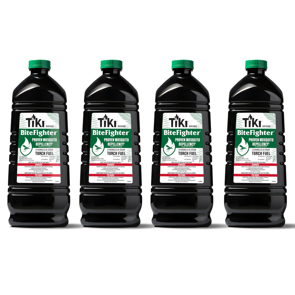 TIKI BiteFighter 100oz bottle front view for spill-free outdoor lighting.