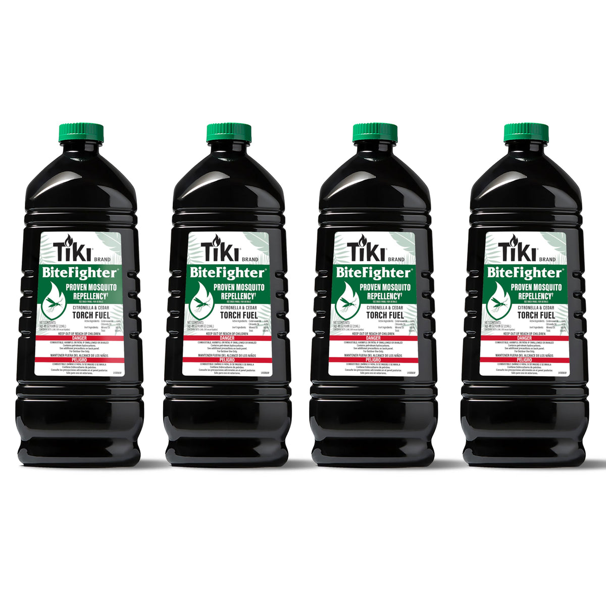 TIKI BiteFighter 100oz bottle front view for spill-free outdoor lighting.