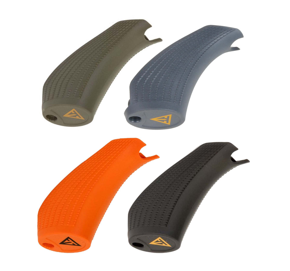 Tikka T3X textured polymer grip close-up emphasizing weather-resistant, confident handling