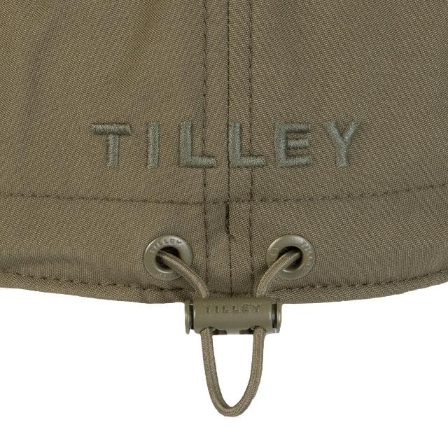Tilley Airflo Cooling Cap olive DWR closeup reveals water-repellent finish.