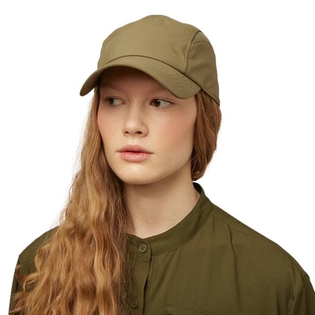 Tilley Airflo Cooling Cap olive side view shows ventilation and a secure fit.