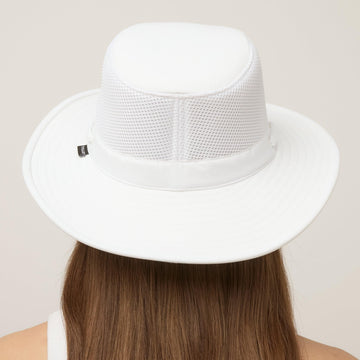 Tilley Airflo white hat with DWR finish sheds light moisture on walks