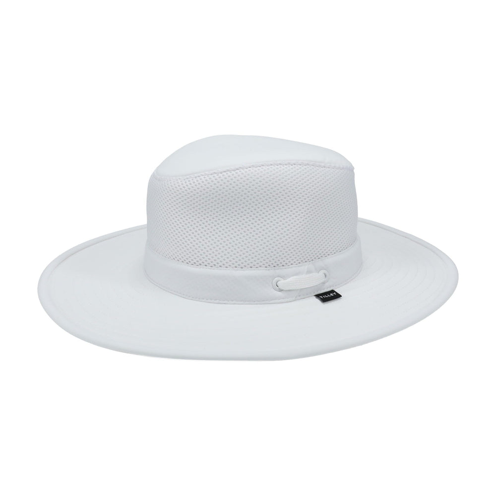 Tilley Airflo hat white front view shows breathable mesh and UPF 50+ protection