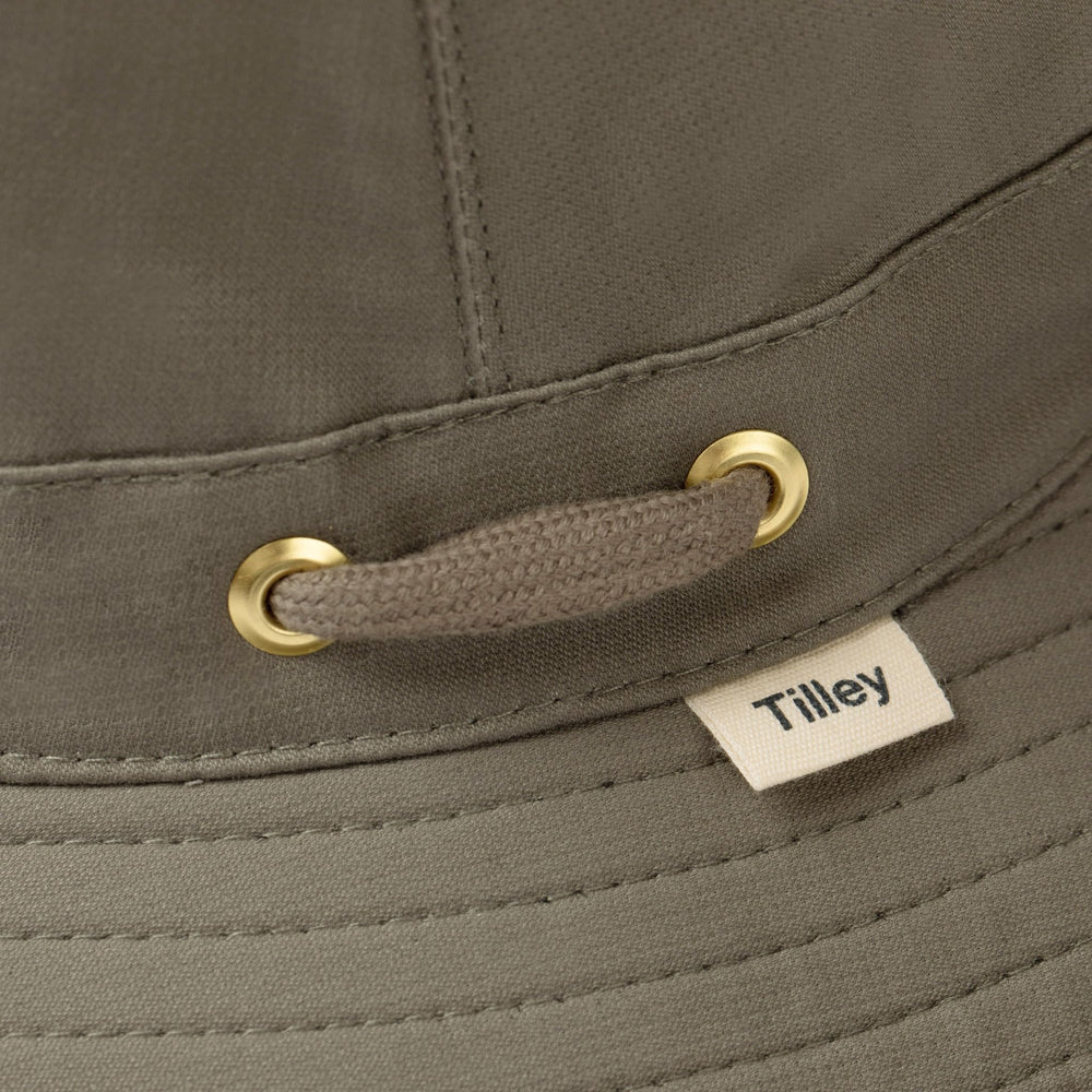 Tilley Airflo Organic Olive 6 7/8 closeup stitching demonstrates durable construction