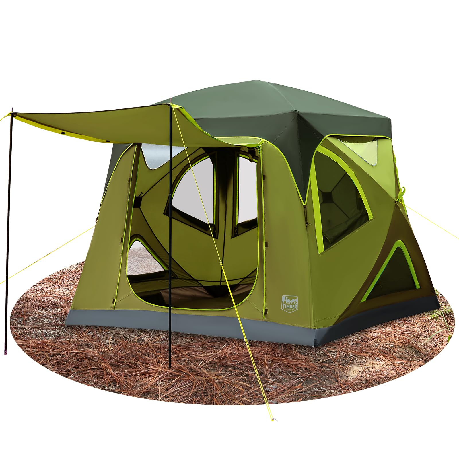 Timber Ridge 4-Person Pop-Up Tent shows quick 60-second setup for effortless camping.