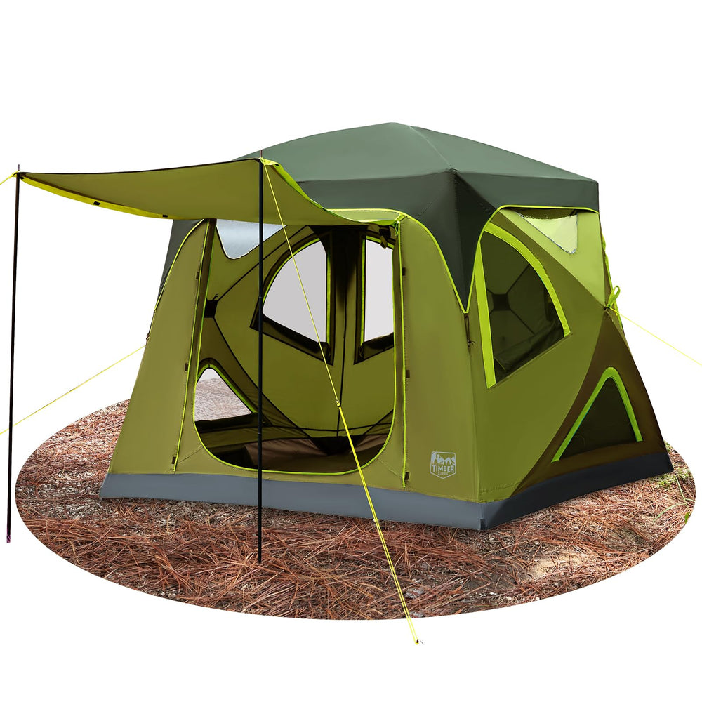 Timber Ridge 4-Person Pop-Up Tent shows quick 60-second setup for effortless camping.