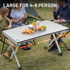 Timber Ridge aluminum table on rugged ground offering stable dining surface.