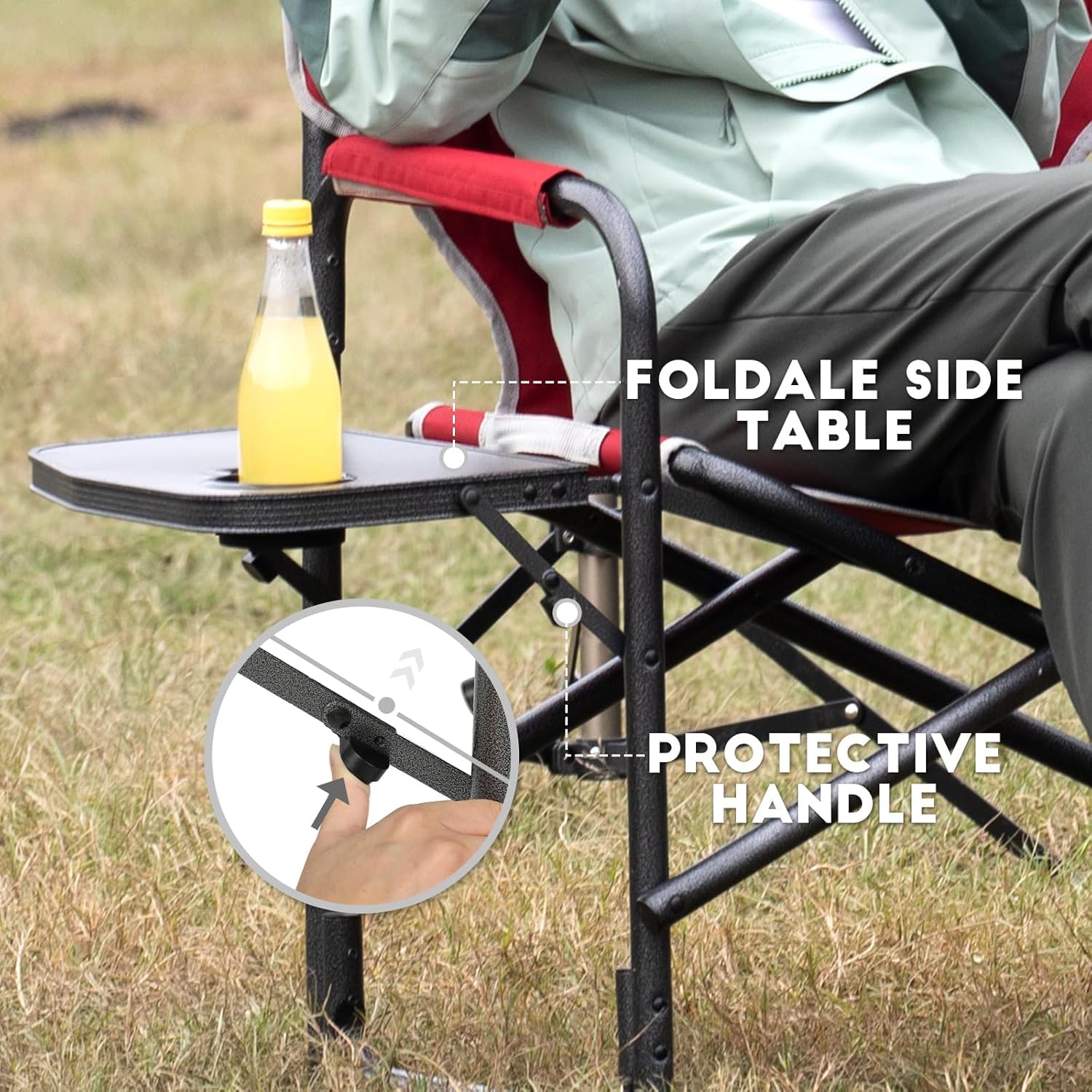 TIMBER RIDGE built-in side table keeps essentials within reach at campsites.