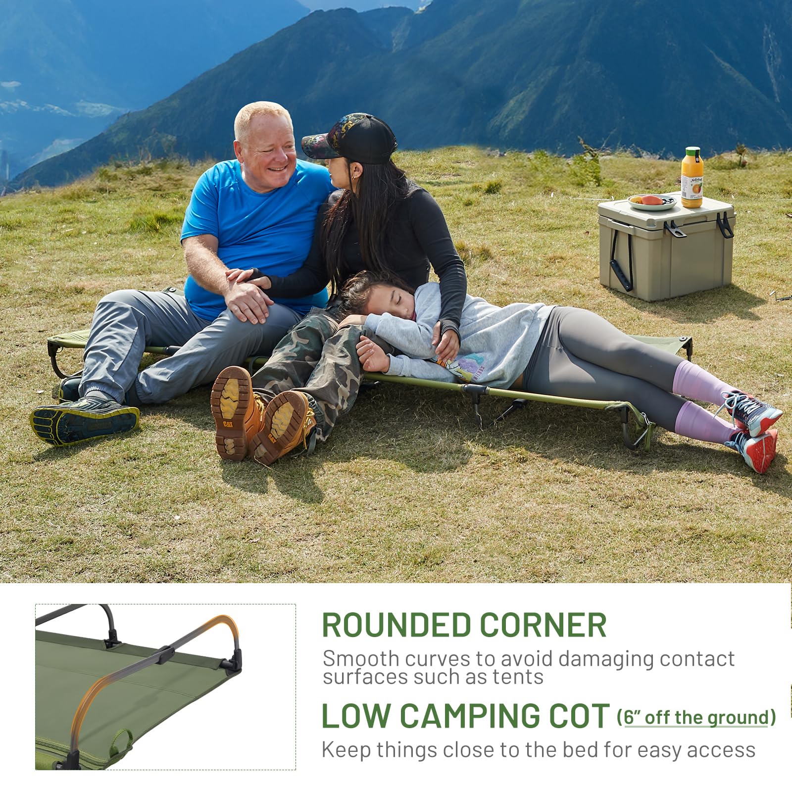 TIMBER RIDGE green camping cot with zipper closure for quick access.