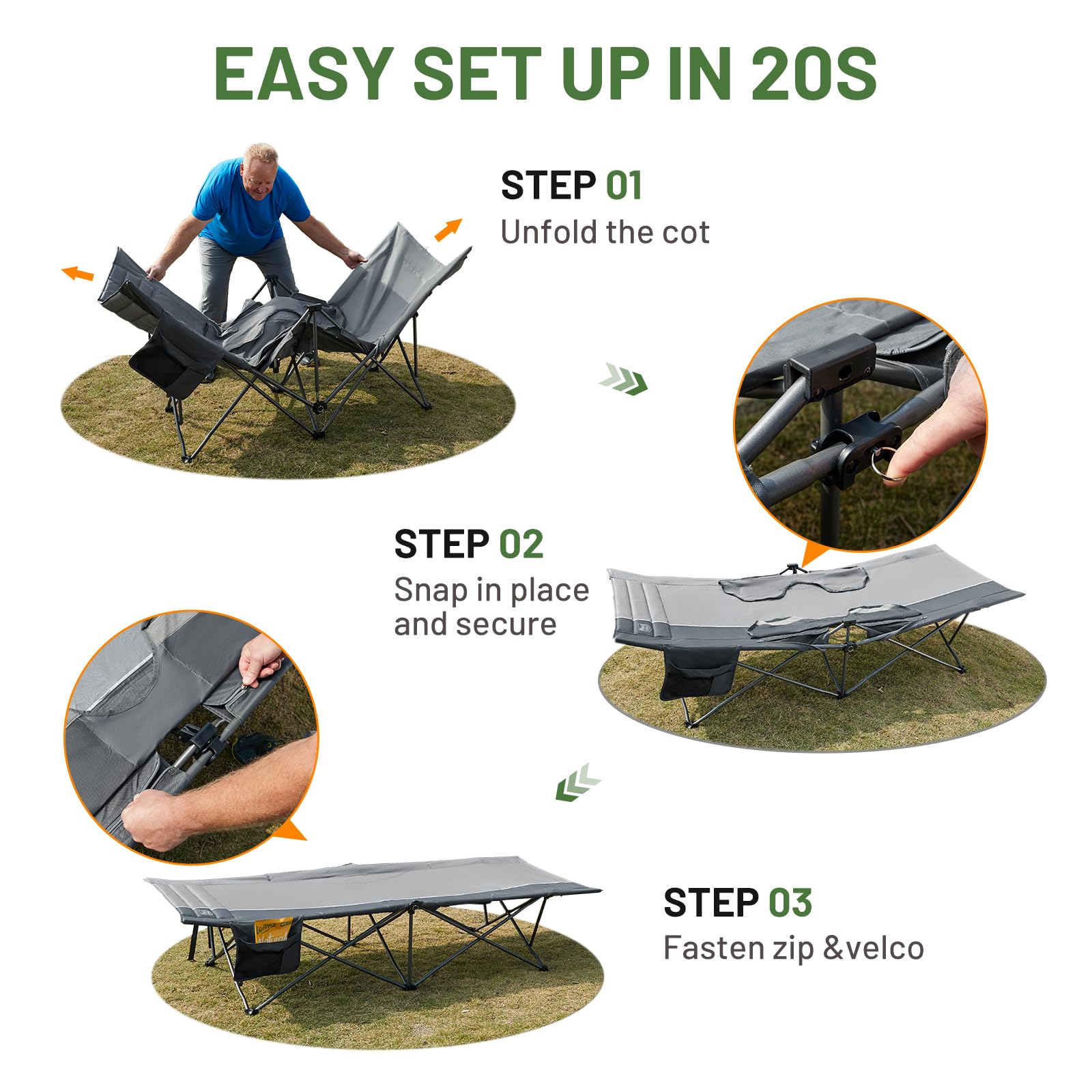 Timber Ridge cot during outdoor travel shows stable ground clearance.