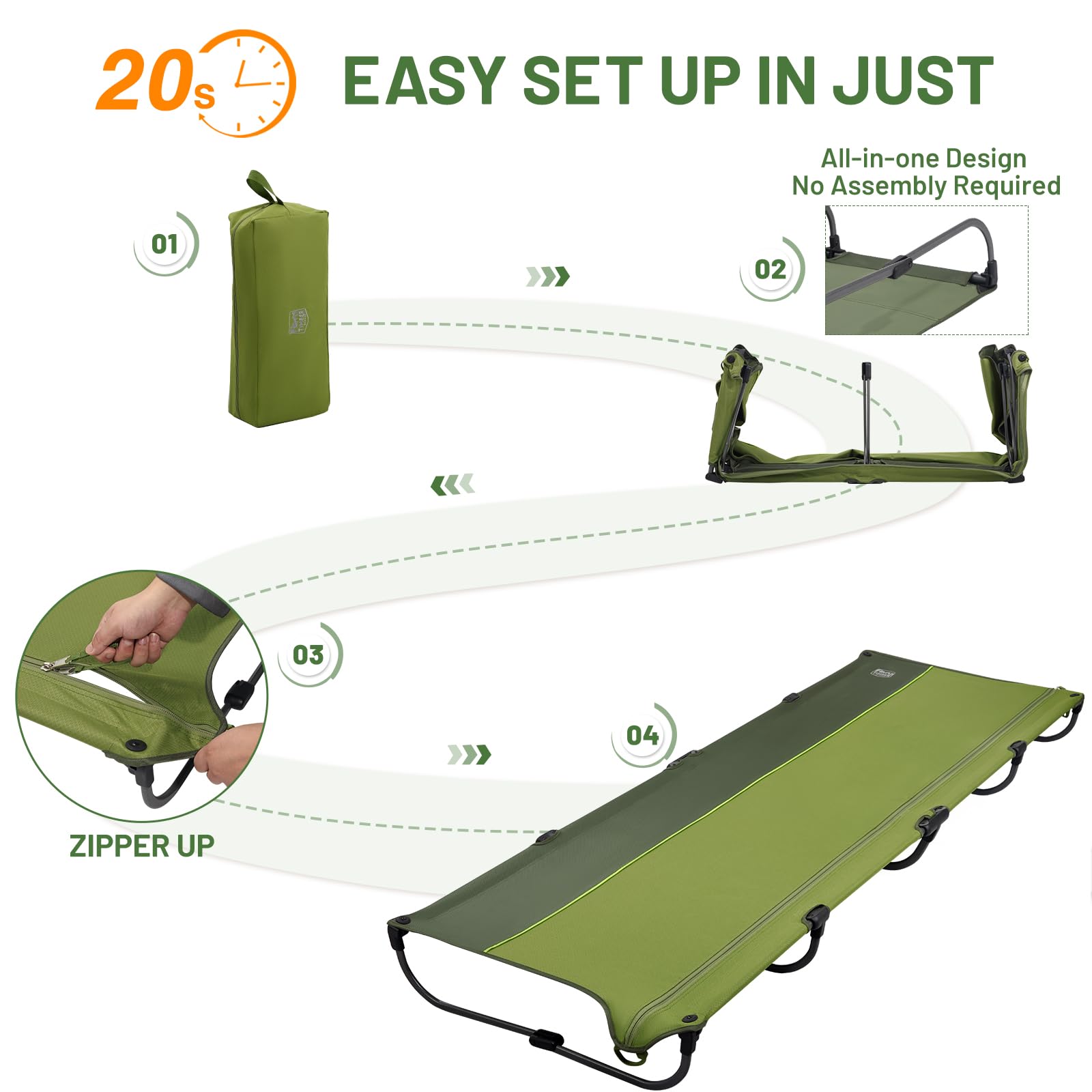 TIMBER RIDGE cot supports up to 225 lbs for versatile outdoor use.