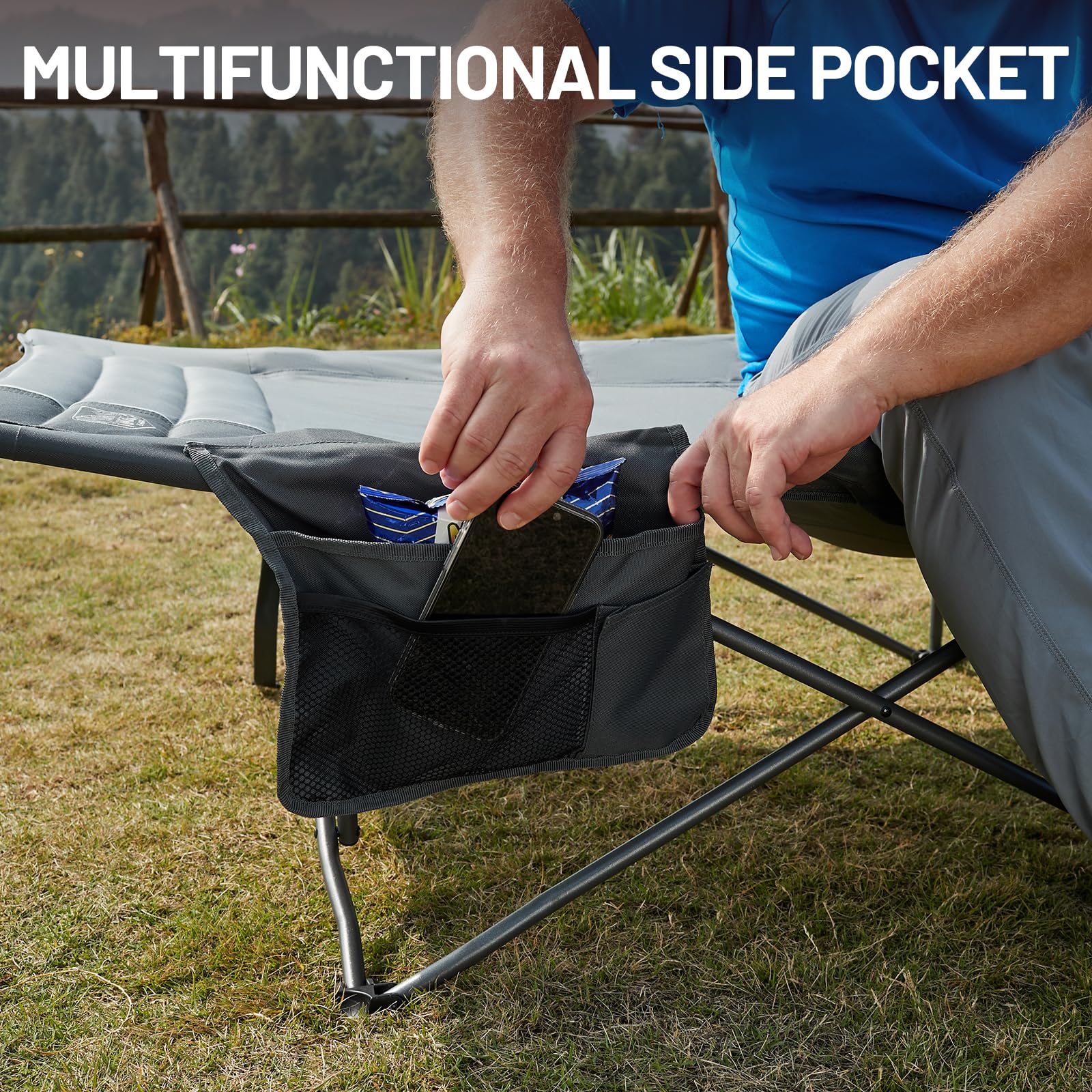 Timber Ridge carry bag setup highlights portable camping cot readiness.