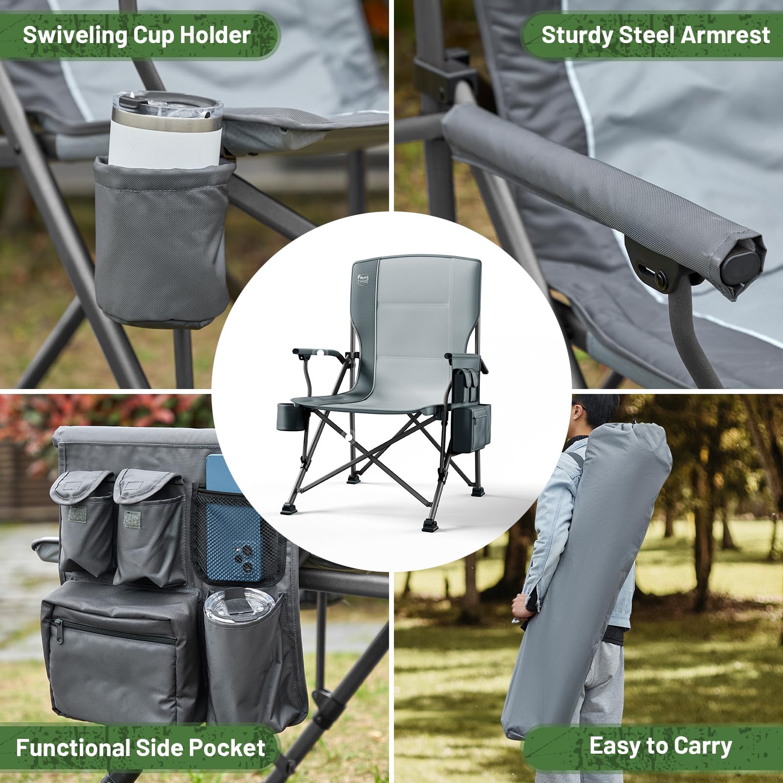 TIMBER RIDGE chair cup holder and cooler keep drinks within reach.