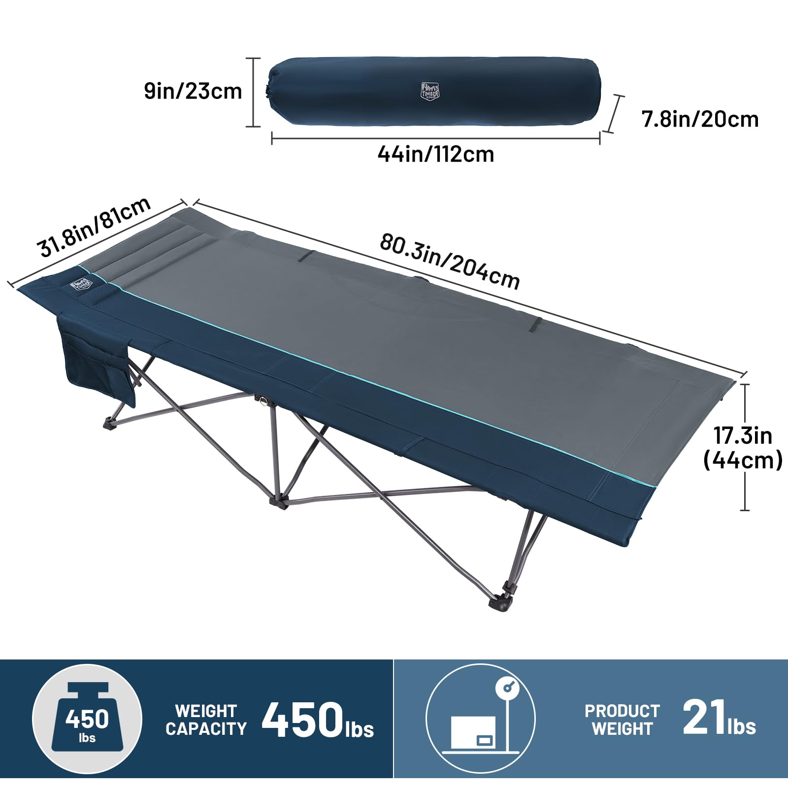 Timber Ridge extra-wide cot supports comfortable turns during sleep.
