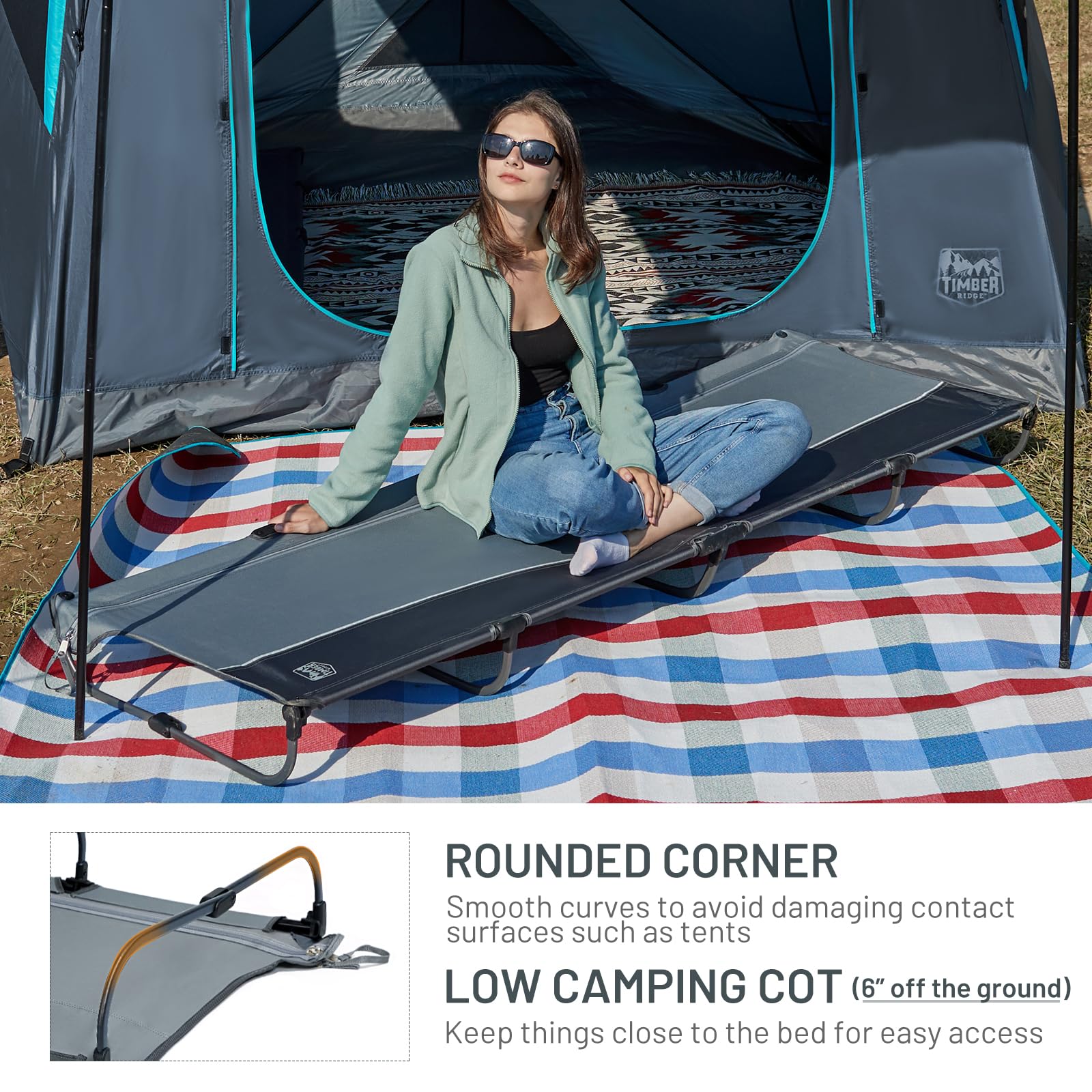 Timber Ridge cot 225lbs weight capacity supports versatile campers on trips.
