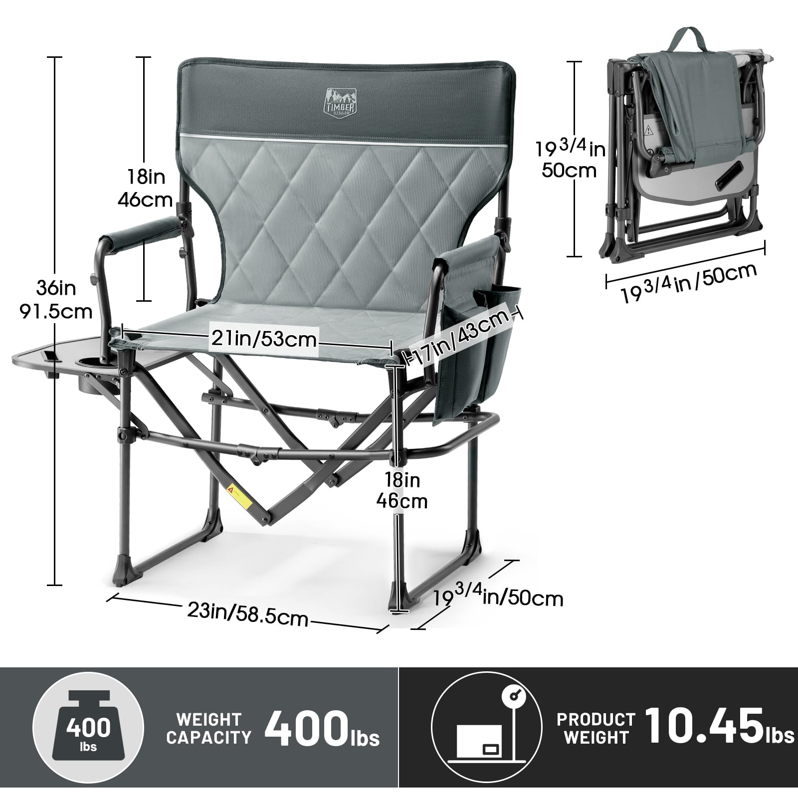 Timber Ridge directors chair folds compactly for easy transport and storage.