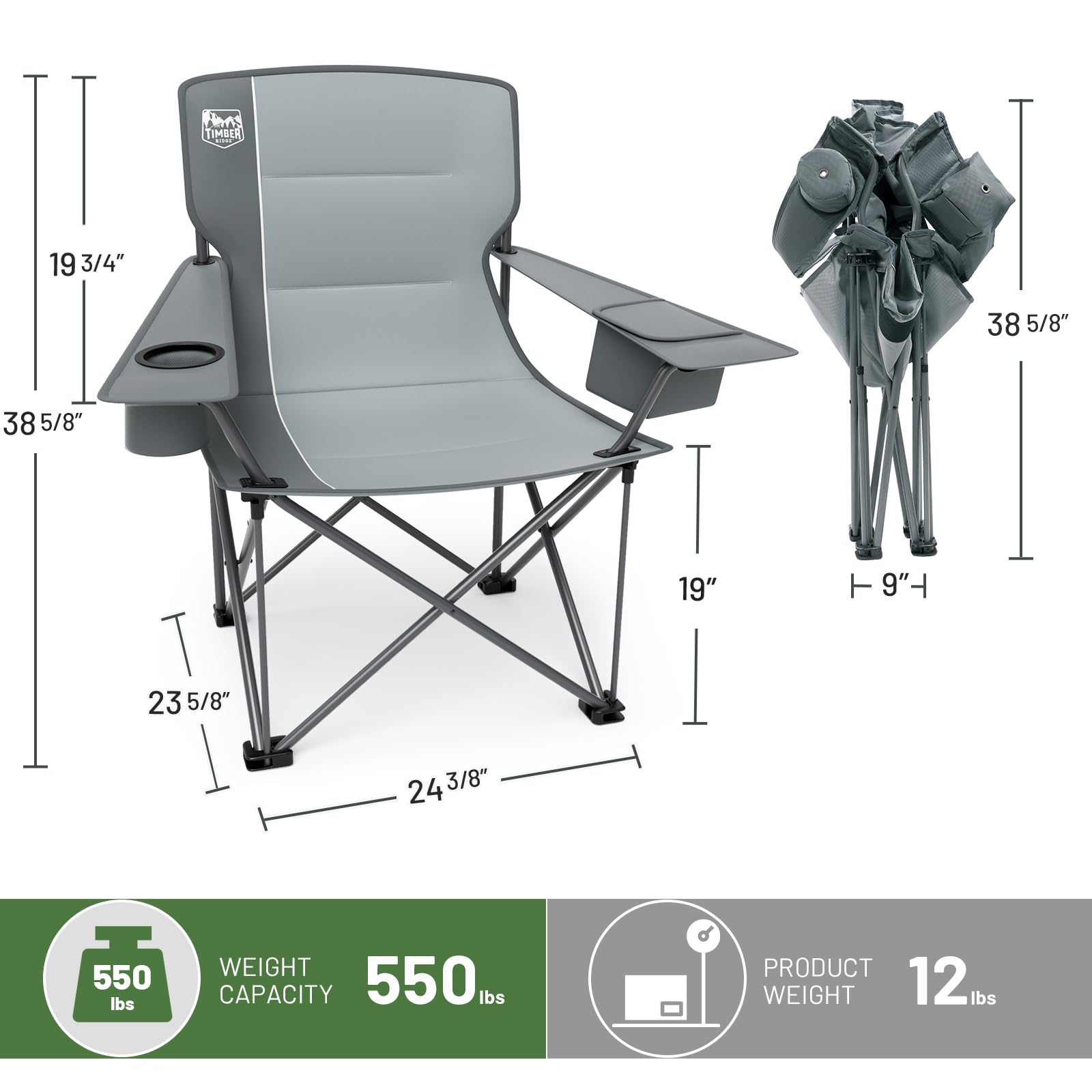 timber ridge chair features cup holder and side pocket for essentials