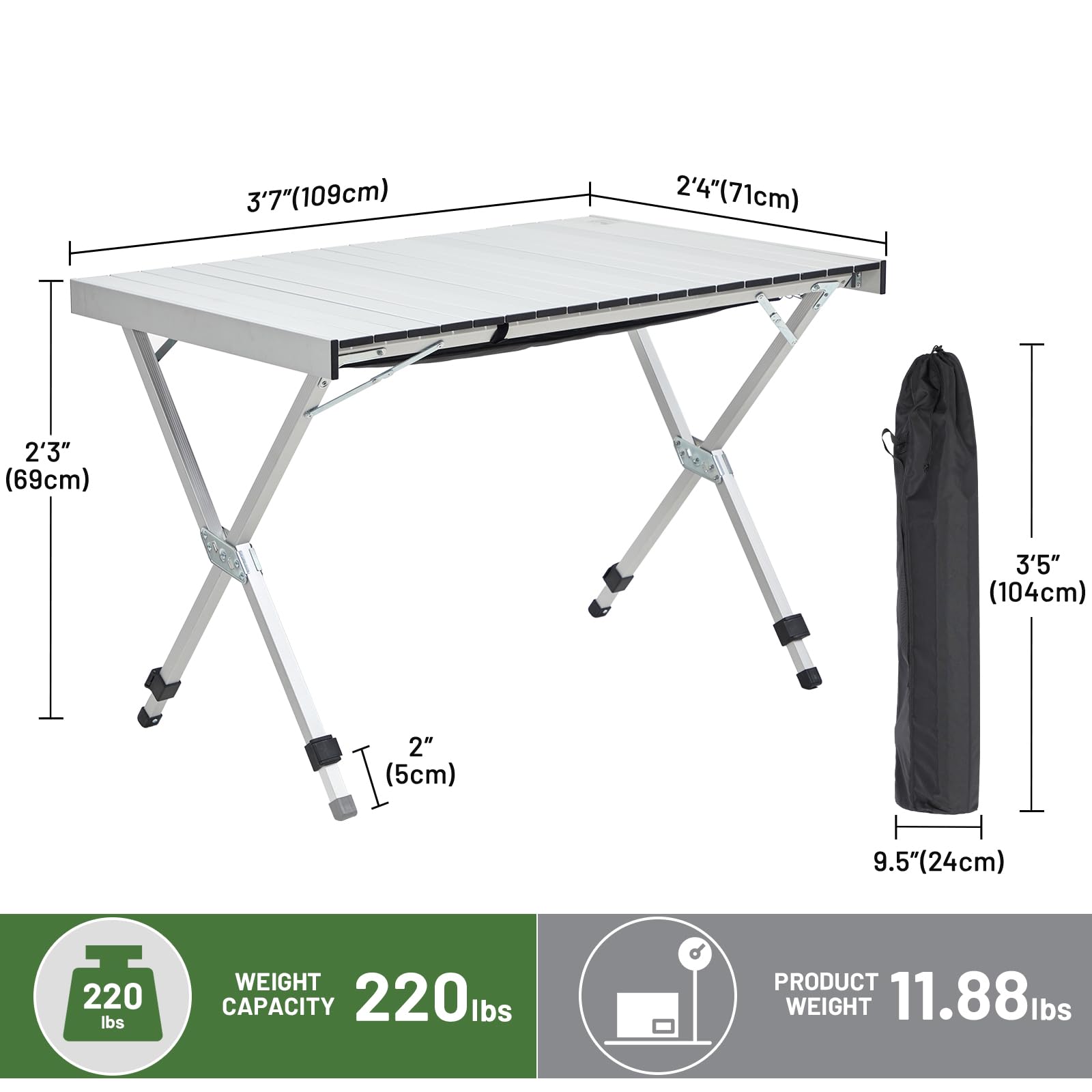 Timber Ridge folding table with telescopic legs adjusted for uneven ground.