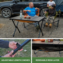 TIMBER RIDGE table with telescopic legs adjusted for uneven ground.
