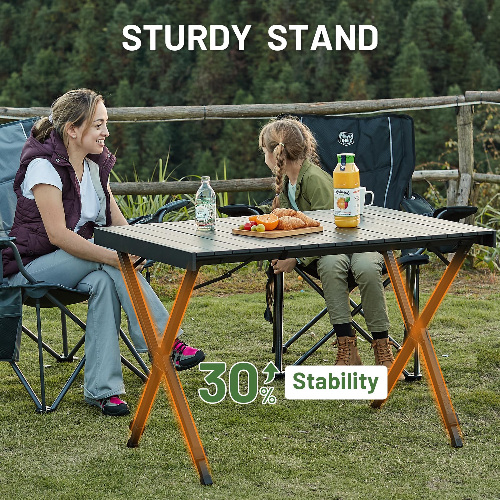 TIMBER RIDGE uneven ground stability keeps the table level outdoors.