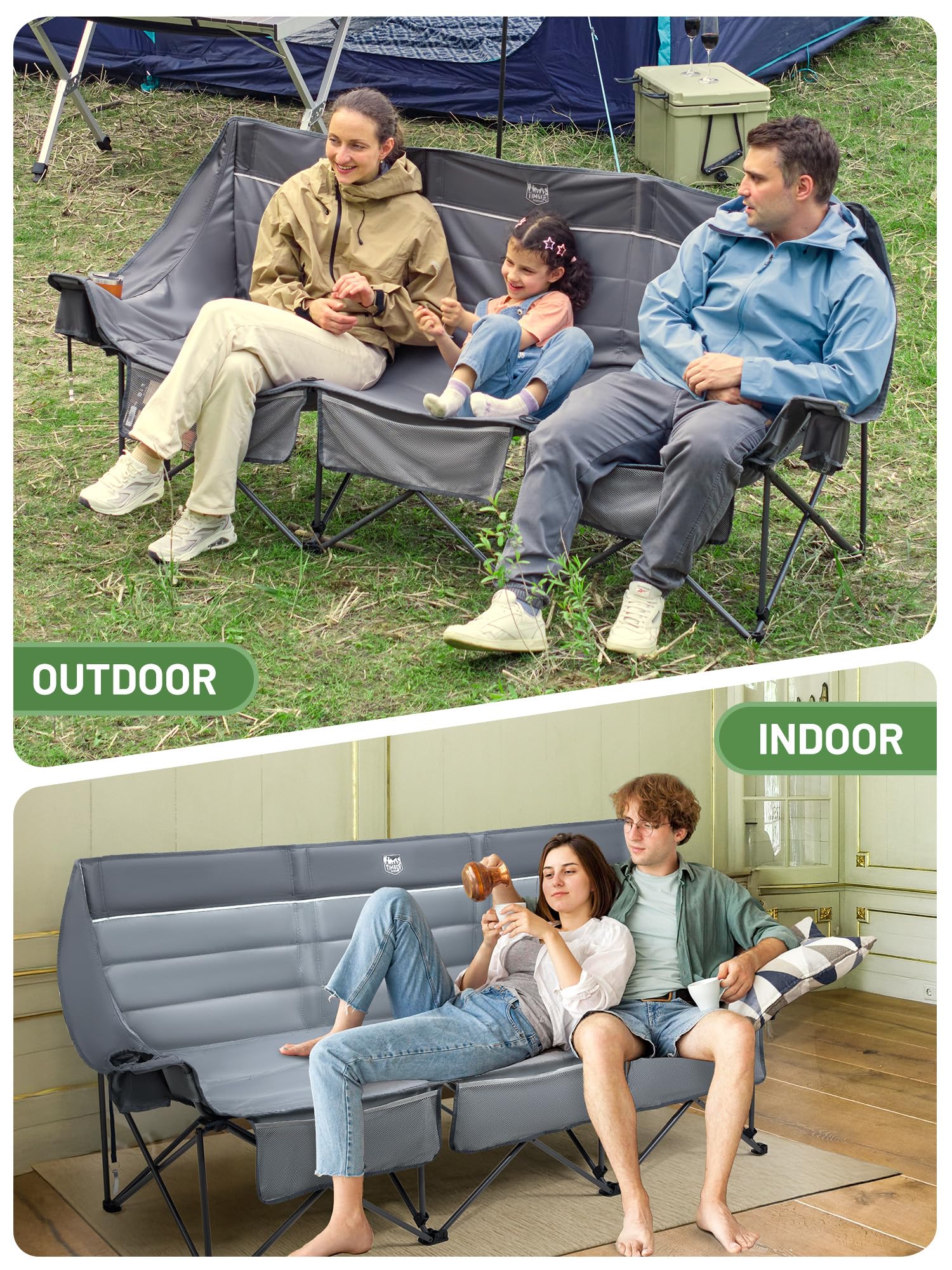 TIMBER RIDGE grey camping loveseat suited for patios and lawns.