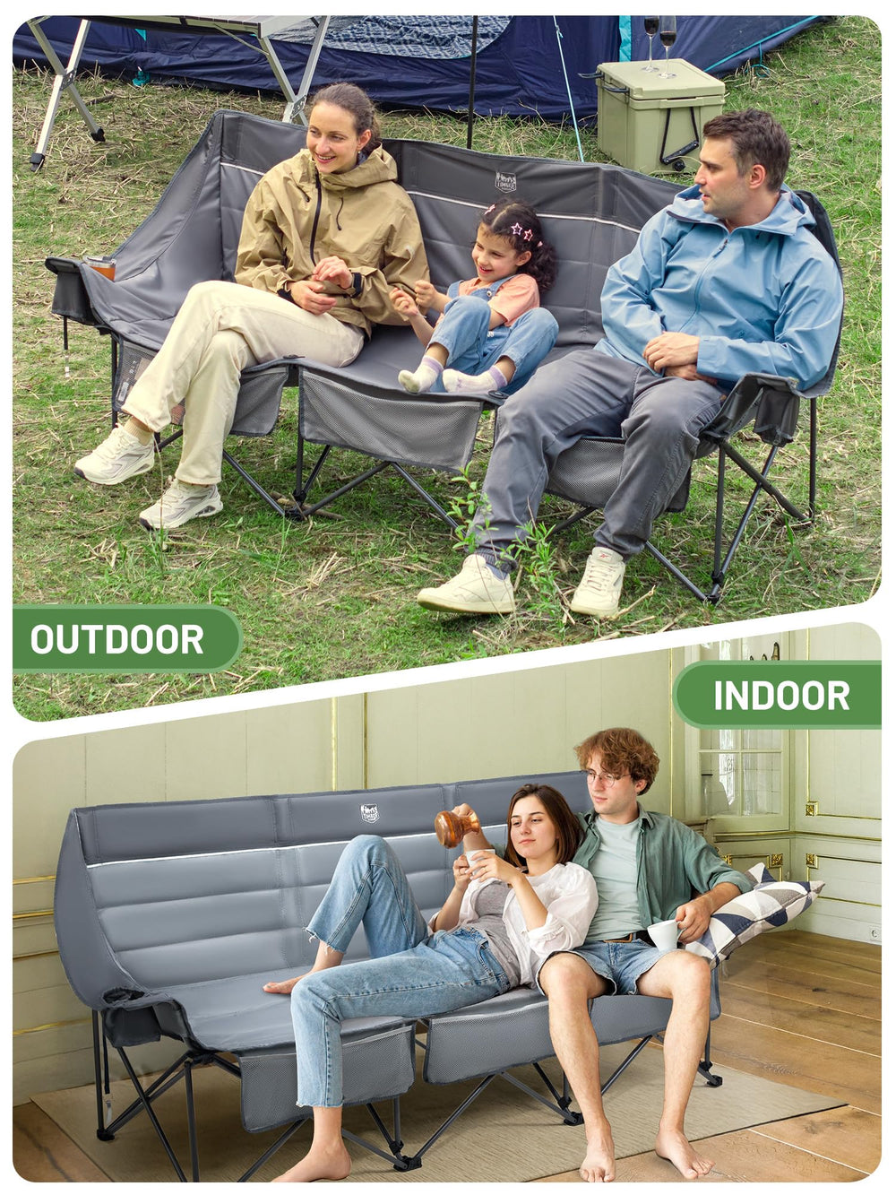 TIMBER RIDGE grey camping loveseat suited for patios and lawns.