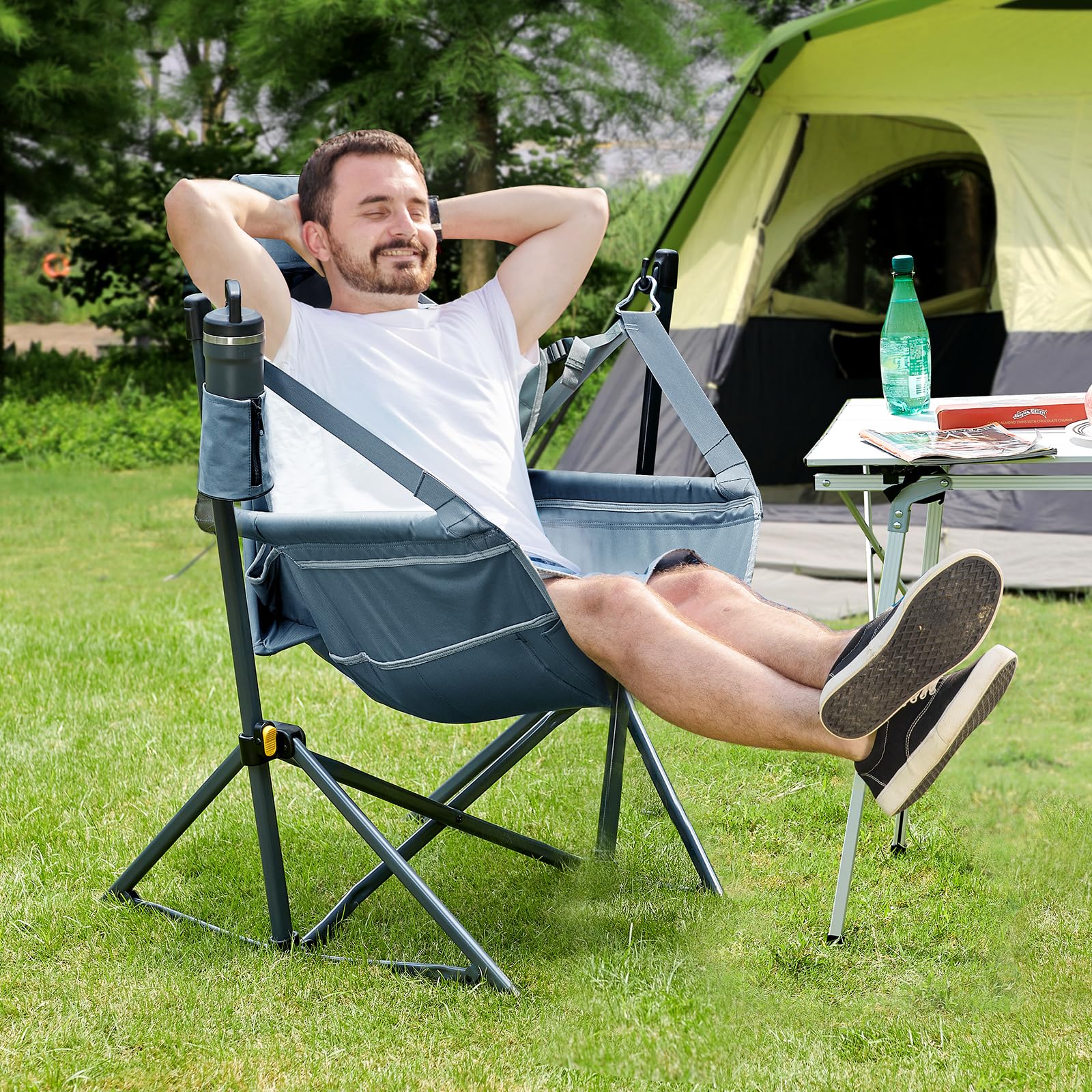 TIMBER RIDGE hammock chair cup-holder keeps beverages secure by the campsite.