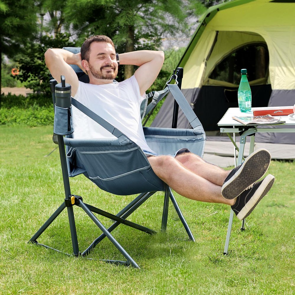TIMBER RIDGE hammock chair cup-holder keeps beverages secure by the campsite.