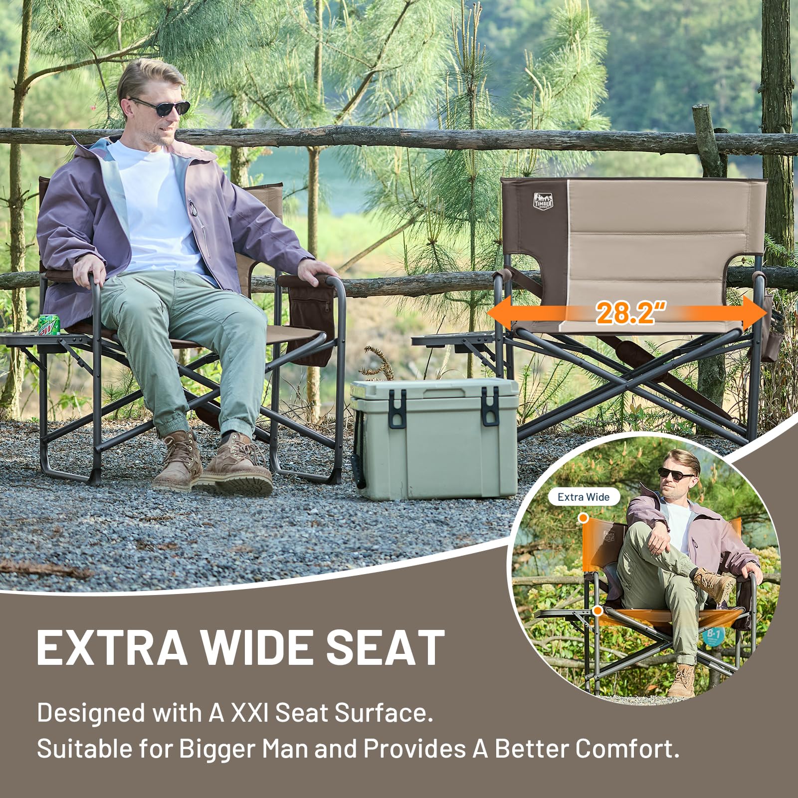 Side-table and pocket provide convenient spots for drinks snacks and small gear
