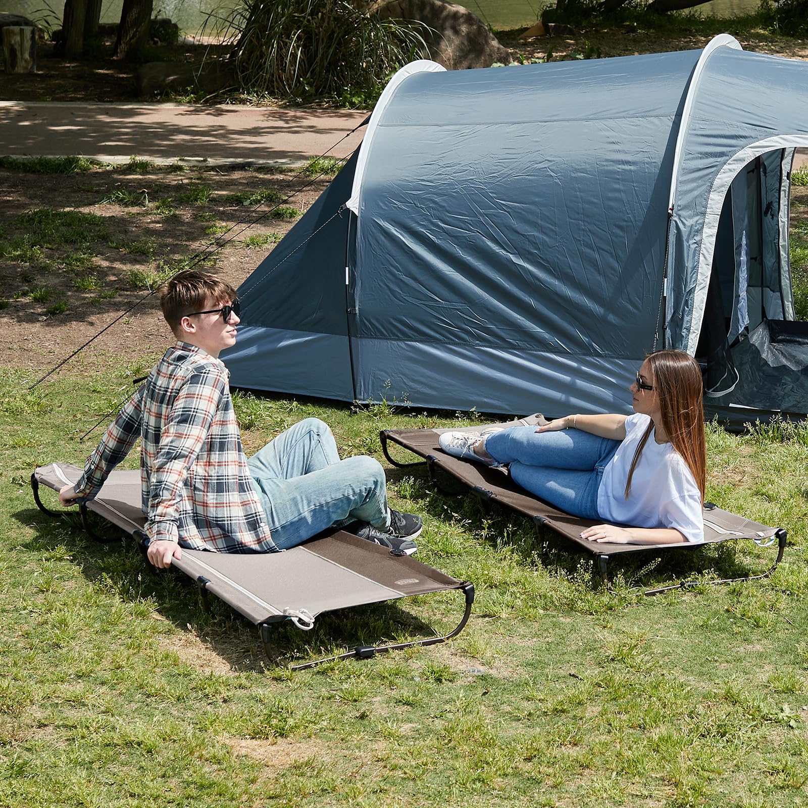 Timber Ridge aluminum folding cot frame demonstrates lightweight travel-friendly design.