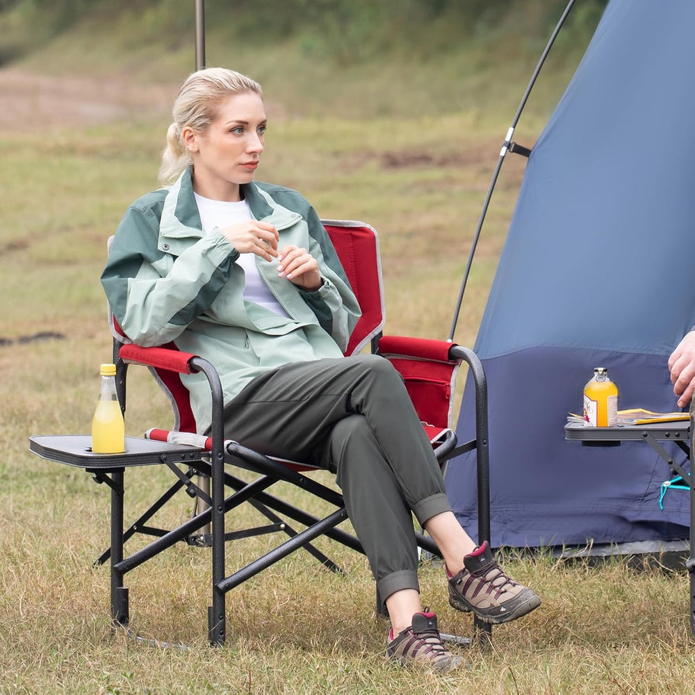 TIMBER RIDGE oversized director's chair folded red, easy transport for outdoor trips.