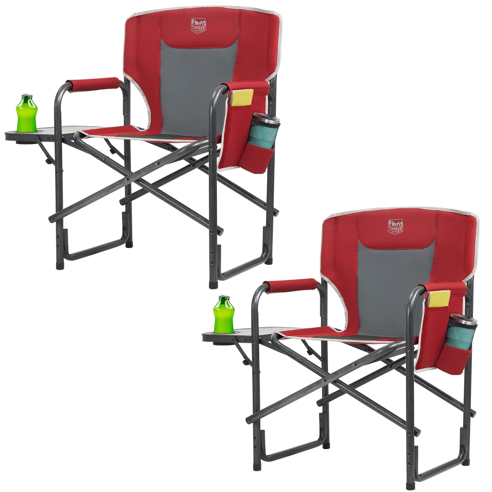 TIMBER RIDGE lightweight camping chair with side table in red, ideal for camping and picnics.