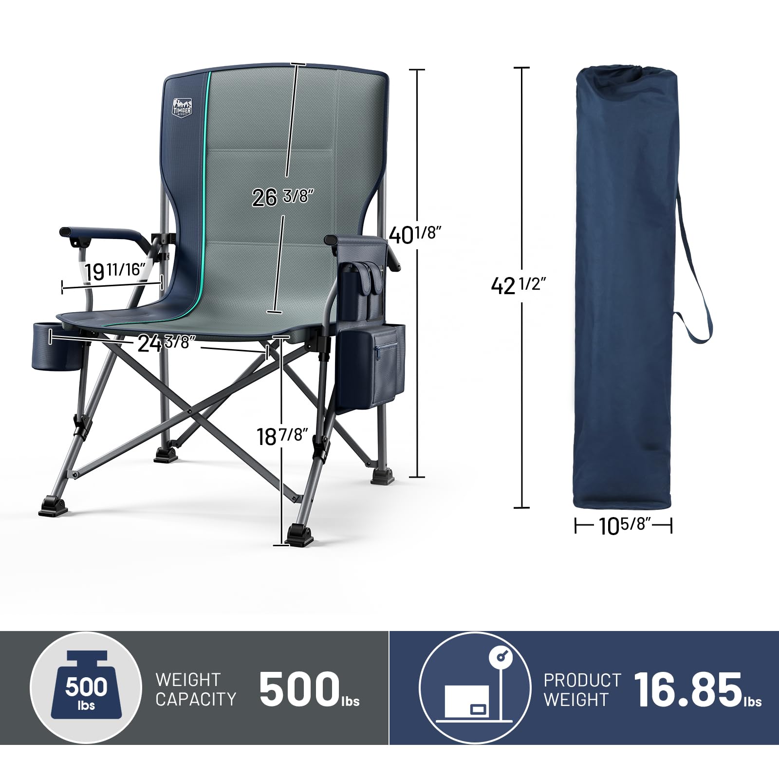 TIMBER RIDGE oversized chair side-pocket cooler demonstrates convenient storage and on-site refreshments