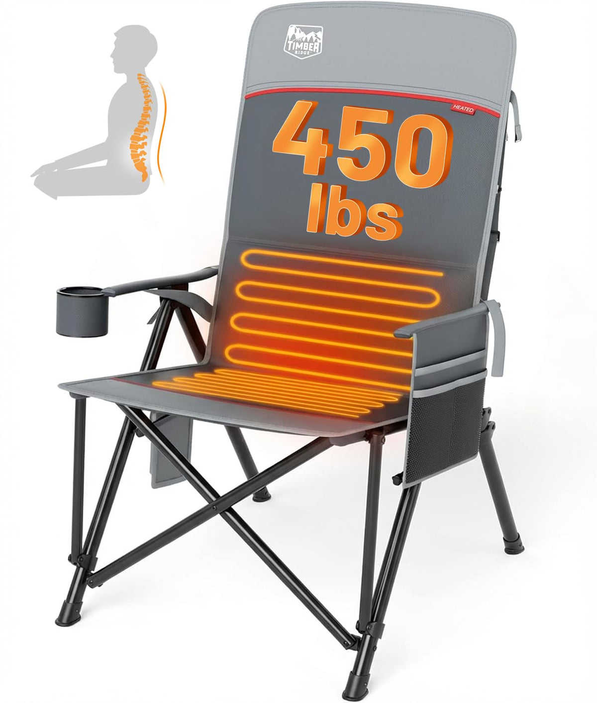 TIMBER RIDGE oversized heated camping chair backrest close-up showing lumbar support