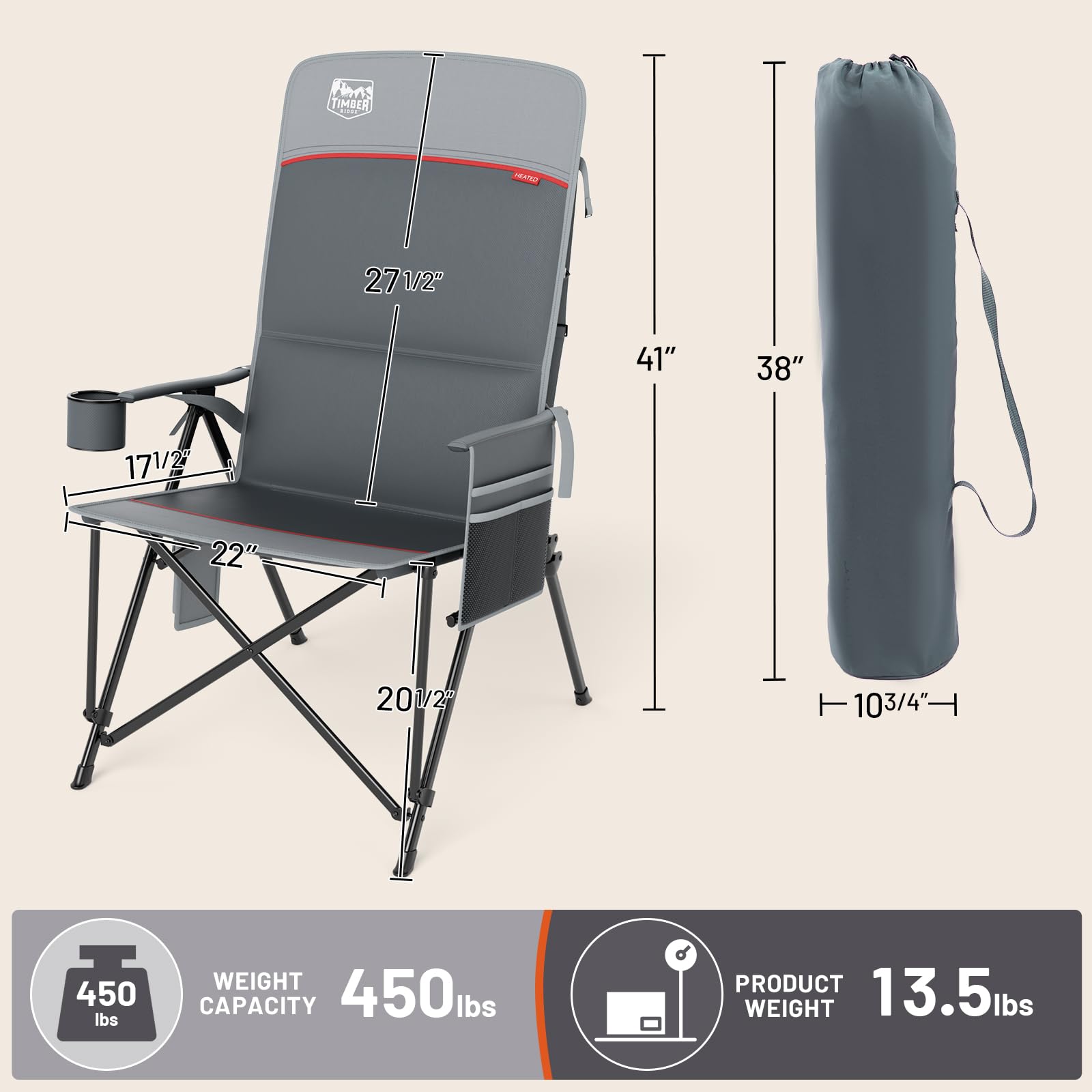 TIMBER RIDGE oversized heated camping chair lumbar adjustment demonstrates ergonomic comfort