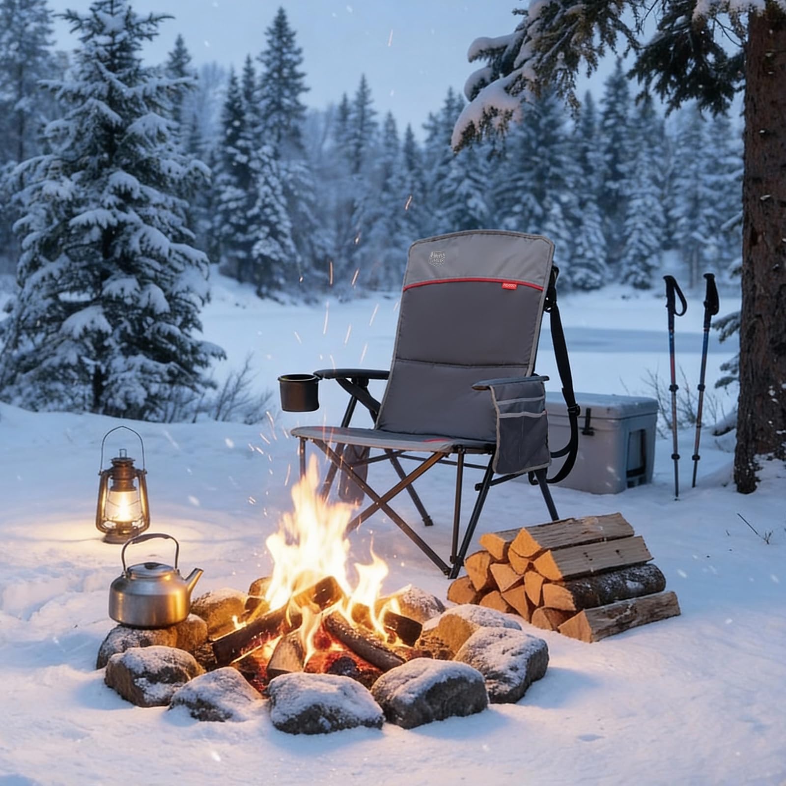 TIMBER RIDGE oversized heated camping chair in outdoor scene for chilly mornings