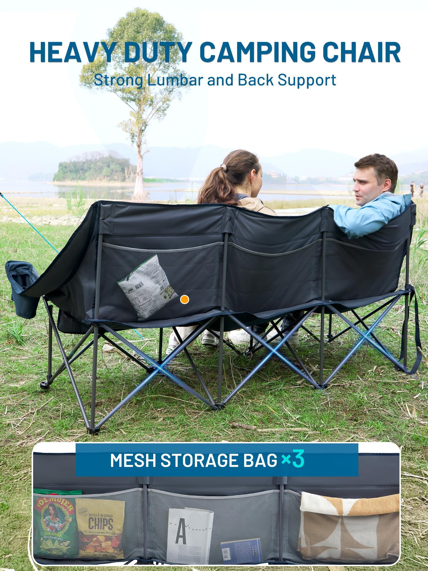 Timber Ridge padded 3-person camping chair folds compactly for easy transport